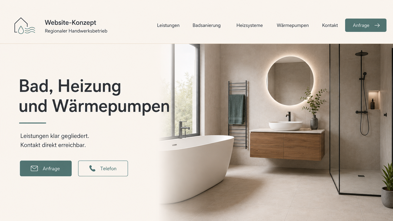 Website-Konzept für einen regionalen Handwerksbetrieb mit Fokus auf Bad, Heizung und Wärmepumpen